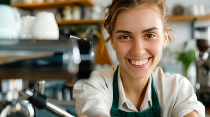 Smiling barista brewing fair trade coffee in eco-friendly café, highlighting sustainable sourcing and ethical choices 