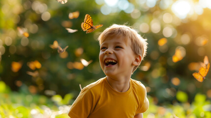 Young boy with sun-dappled freckles gleefully chasing after butterflies in a meadow, authentic summer joy 