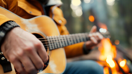 Obraz premium Young man with tangled hair playing guitar by campfire, genuine retreat moment 
