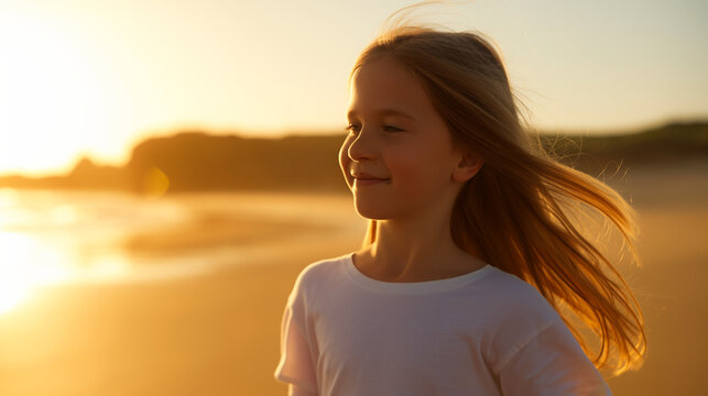 Young girl with sunlit hair chasing her shadow on a beach, unfiltered childhood delight 