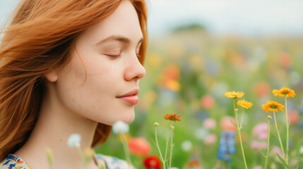 Naklejka premium Young woman with wind-swept hair admiring vibrant wildflowers in hand, nature appreciation captured 