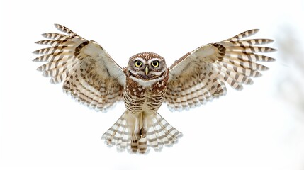  An intense gaze from a Burrowing Owl in full flight captures the essence of its predatory focus, with its striking feather pattern and keen eyes highlighted against a stark white canvas.