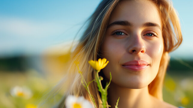 Young woman with wind-swept hair admiring vibrant wildflowers in hand, nature appreciation captured  - Powered by Adobe