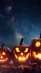 Group of glowing carved pumpkins isolated outdoors on a starry night. Halloween scene.