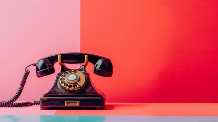 A classic vintage rotary dial telephone placed against a vibrant background divided into pink and red sections, highlighting retro communication technology.