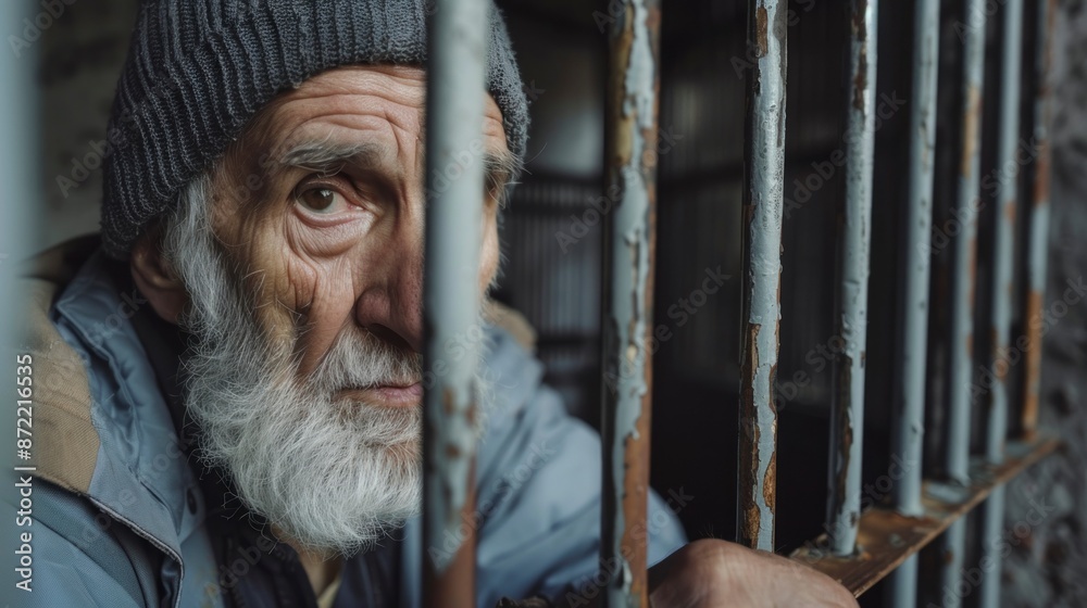 Sticker grandfather inside a prison looking at the camera