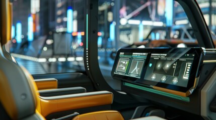 The interior of a futuristic car featuring a large digital display with an advanced interface. The seats are comfortable and the design is sleek and modern.