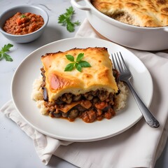 Greek moussaka with layers of soft eggplant, spiced ground beef, and a rich béchamel sauce, served alongside fragrant rice