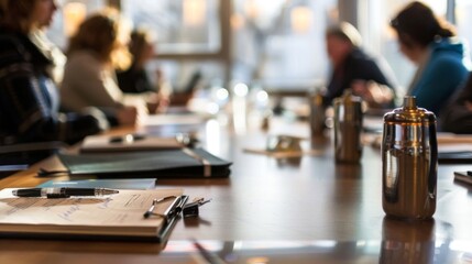A group of people are sitting around a table with a pen and a notebook