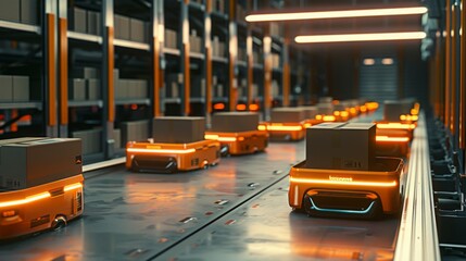 Automated robots transport packages on a conveyor belt in a modern warehouse. The bright orange robots glow while shelves are filled with boxes in the background.