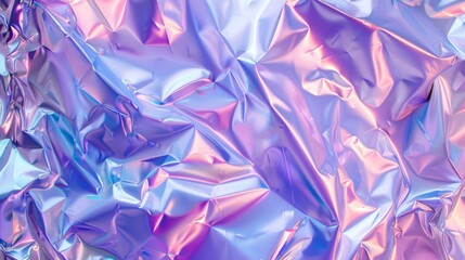 A mesmerizing shot of crumpled holographic foil reflecting pastel hues of pink, blue, and purple, creating a vibrant, dreamy, and futuristic abstract pattern.