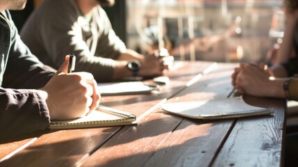Three people are sitting at a table with notebooks and pens