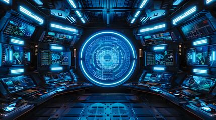 A high-tech control room featuring a central circular holographic interface surrounded by multiple blue-lit screens displaying data.
