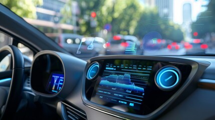 Close-up of car dashboard displaying navigation data and car info on digital display. Blue glow illuminates display as car drives through city.