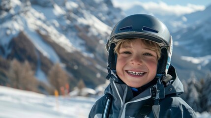 boy in a ski suit smiling at the camera on a snowy mountain