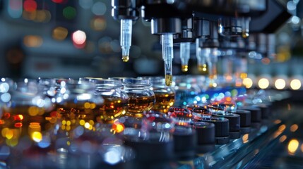 A series of glass bottles with different colored liquids pouring out of them