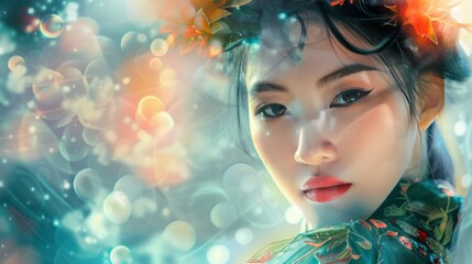Fototapeta premium Dreamy Portrait of a Woman with Floral Headpiece and Ethereal Bokeh Background