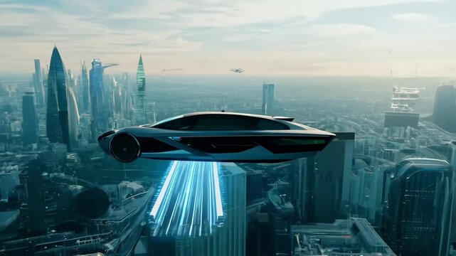 Futuristic Car Flying Over City Skyline During Sunrise