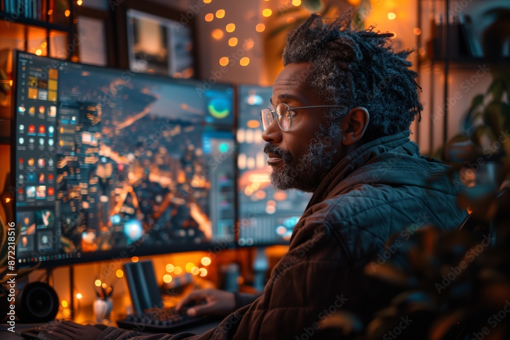 Aufkleber man with dreadlocks uses computer with multiple screens in a home office
