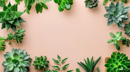 Naklejka premium Succulent plants frame on peach background