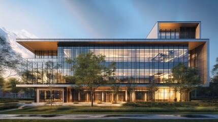 Fototapeta premium A sleek, modern building stands tall with its glass façade and sharp geometric lines, blending elegance with industrial design.