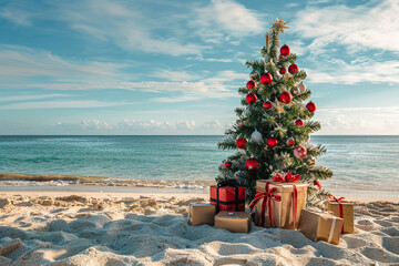 A Christmas tree is on a beach with a blue sky in the background, generative ai image.