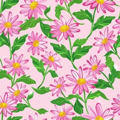 Seamless Botanical Pattern of Pink Daisy Flowers