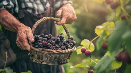 peasant on a farm with a basket picking blackberries