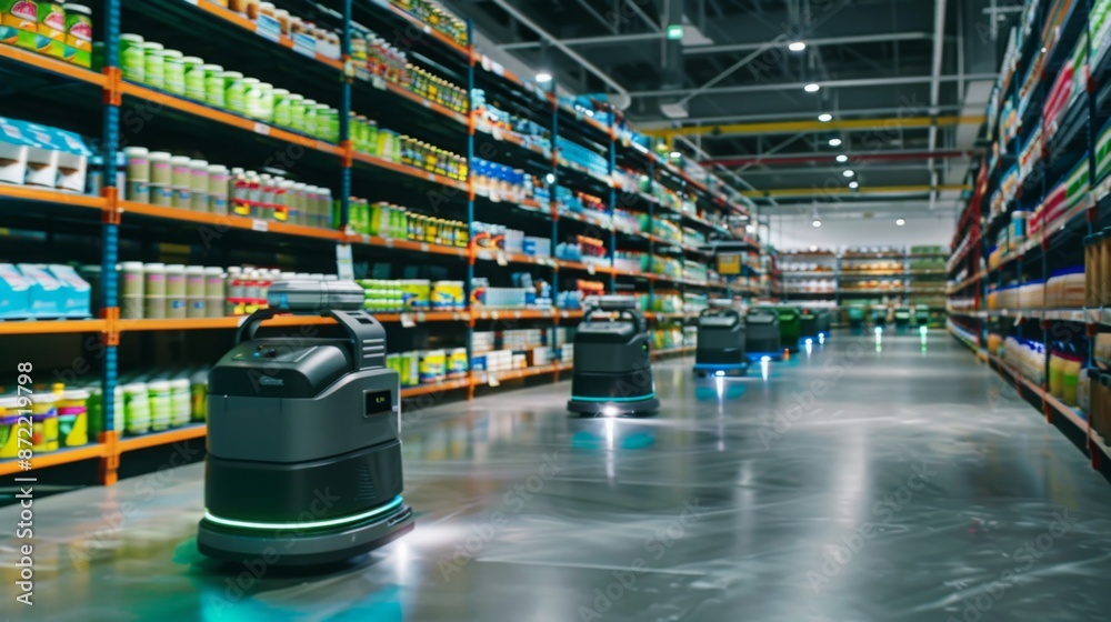 Aufkleber several autonomous robots navigate the aisles of a grocery store, showcasing the future of retail au