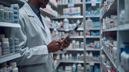 A pharmacist with dark skin and a neat beard checks a medication bottle amidst shelves brimming with pharmaceutical products