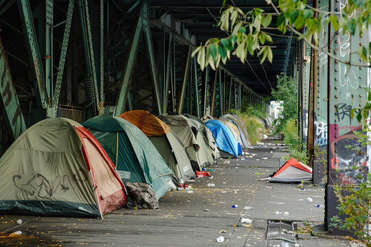 A row of tents are lined up on a city street, generative ai image.