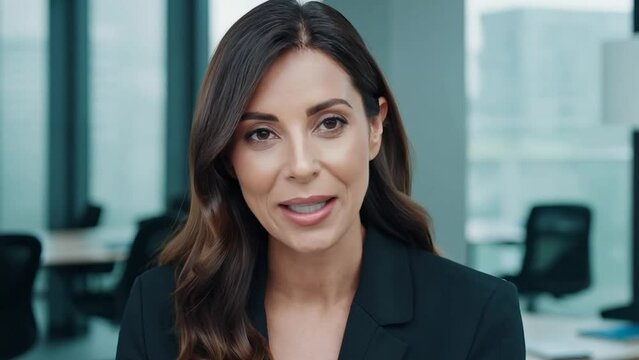 A businesswoman speaking to the camera in a modern office setting