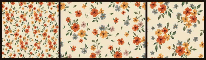 Seamless floral pattern, liberty ditsy print, abstract nature style in autumn motif. Cute botanical wallpaper, textile design: small hand drawn flowers, tiny leaves, mini bouquets. Vector illustration © Yulya i Kot