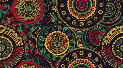 Seamless Tribal Pattern of Intricate Red, Yellow, and Green Motifs