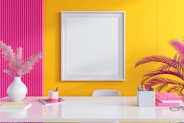 Minimalistic office mockup with a white desk, vibrant pink accents, and a blank white frame on a bold yellow wall in a  orientation.