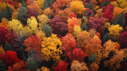A lush forest in autumn displays a breathtaking palette of fiery colors from above, encapsulating the essence of fall.