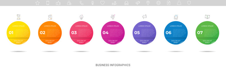 Business vector infographic design template. Circle timeline with icons and 7 seven arrows or steps. Used for process diagram, presentations, workflow layout, info graph, banner, flow chart