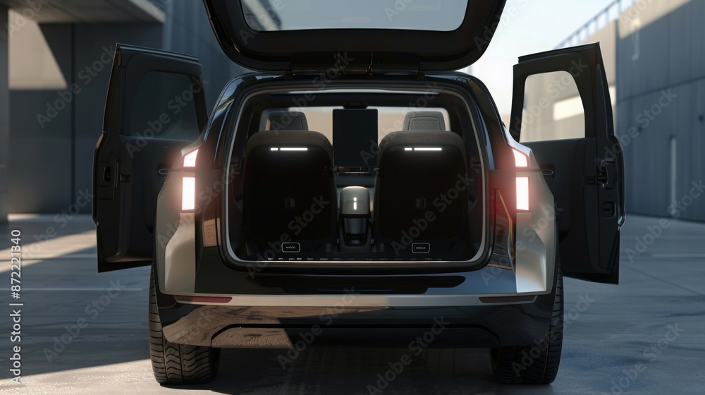 Poster This is an image of the back of a black SUV with the trunk open. The doors are open, and the trunk is empty.