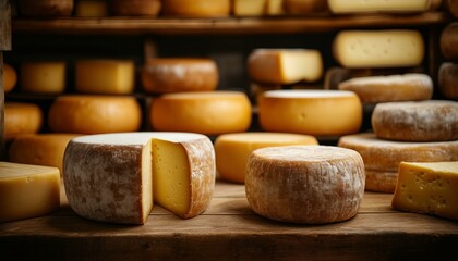 A collection of cheese wheels on wooden shelves their rinds facing outwards under focused lighting that highlights textures and colors. Rustic wood planks form
