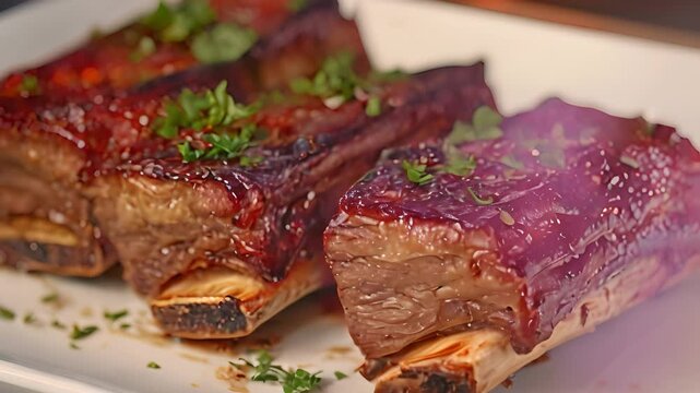 macro closeup of cooked brown meat with a fatty texture on a white platter with a roasted bone in beef short ribs. No one is in there.