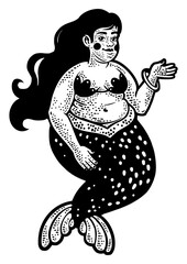 fat body positive mermaid girl sketch engraving PNG illustration. T-shirt apparel print design. Scratch board imitation. Black and white hand drawn image.