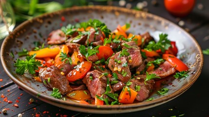 Fototapeta premium French cuisine. Beef tongue salad with sweet pepper. 