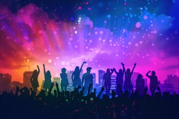 Iconic Pride Month symbols depicted in silhouette against a glowing skyline.