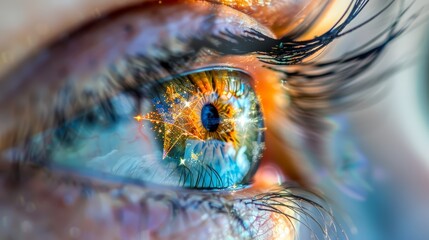 A macro photograph of an eye with a star-shaped reflection