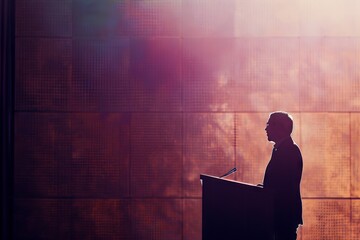 Silhouette of a Speaker at a Podium in a Modern Conference Hall