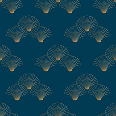 Seamless pattern with golden fans on deep blue background. Vintage print. Floral pattern.