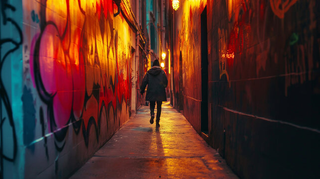 An alley, the walls of which are painted with bright graffiti, is illuminated with light, a man is running along the alley - Powered by Adobe