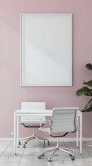 Minimalistic office mockup with light pastel pink walls, white minimalist furniture, and an empty white frame in a tall layout.