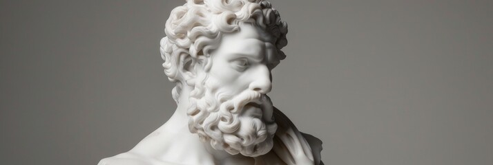 A white marble sculpture of the philosopher is terrifying, marbled with black veins and draped in a tunic. He has short curly
