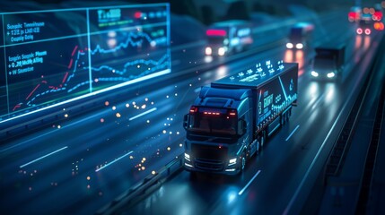 A semi-truck drives down a highway at night, with a digital display showing data in the background.